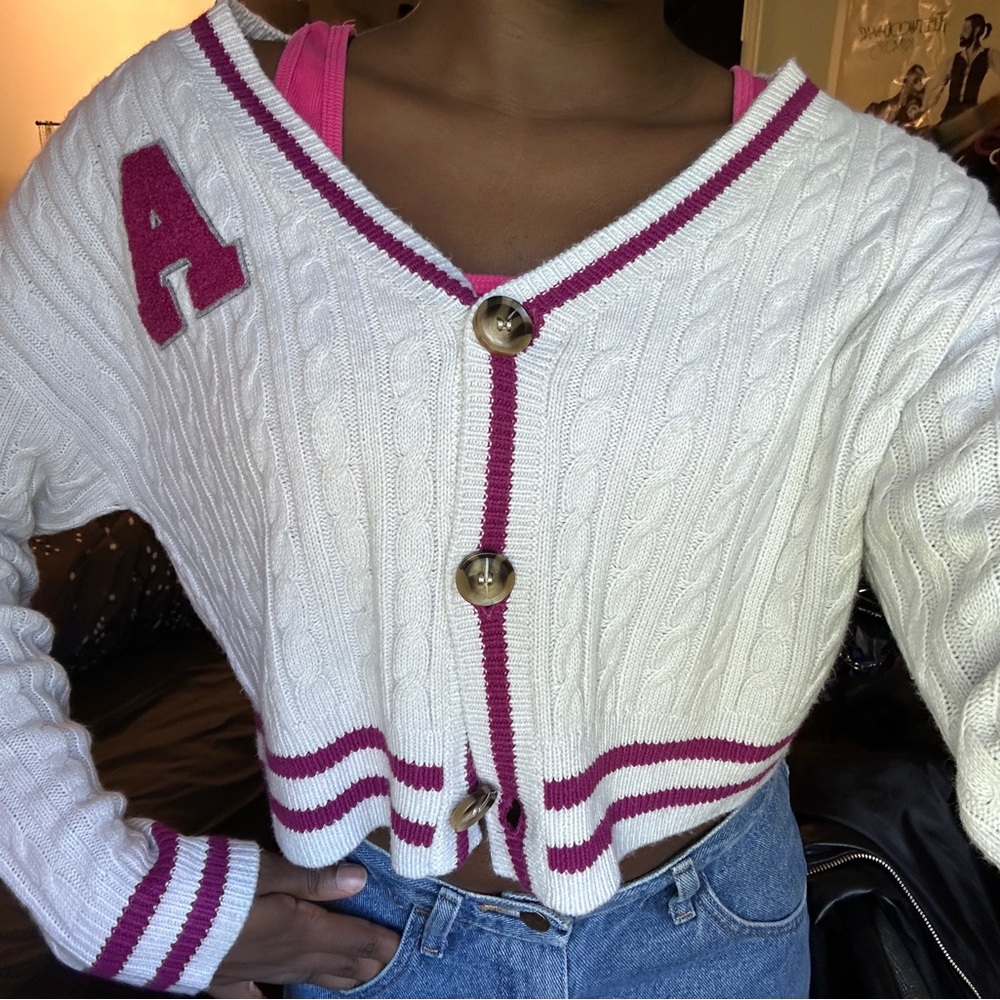 NOBO White and Pink Varsity Cardigan Sweater
